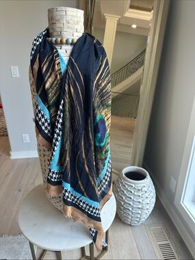 Talbots Peacock Feather Print Scarf in Black, Teal & Tan